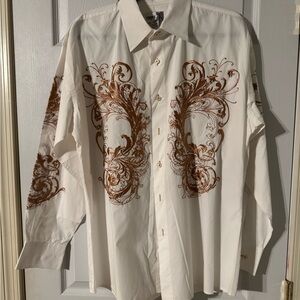 Men's White and Brown Embroidered Shirt